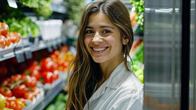 A friendly young woman stands in a grocery aisle, showcasing vibrant vegetables and fruits. Her cheerful demeanor adds warmth, inviting customers to explore fresh produce.