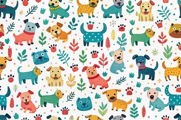 Obraz premium Playful Scandinavian Style Baby Pattern Featuring Cute Doggies and Bones on White Background for Trendy Nursery Decor and Fashion Photography