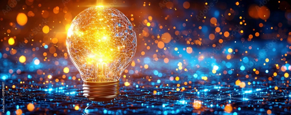 Poster bright and colorful light bulb with glowing particles and reflective surface, creating an atmosphere