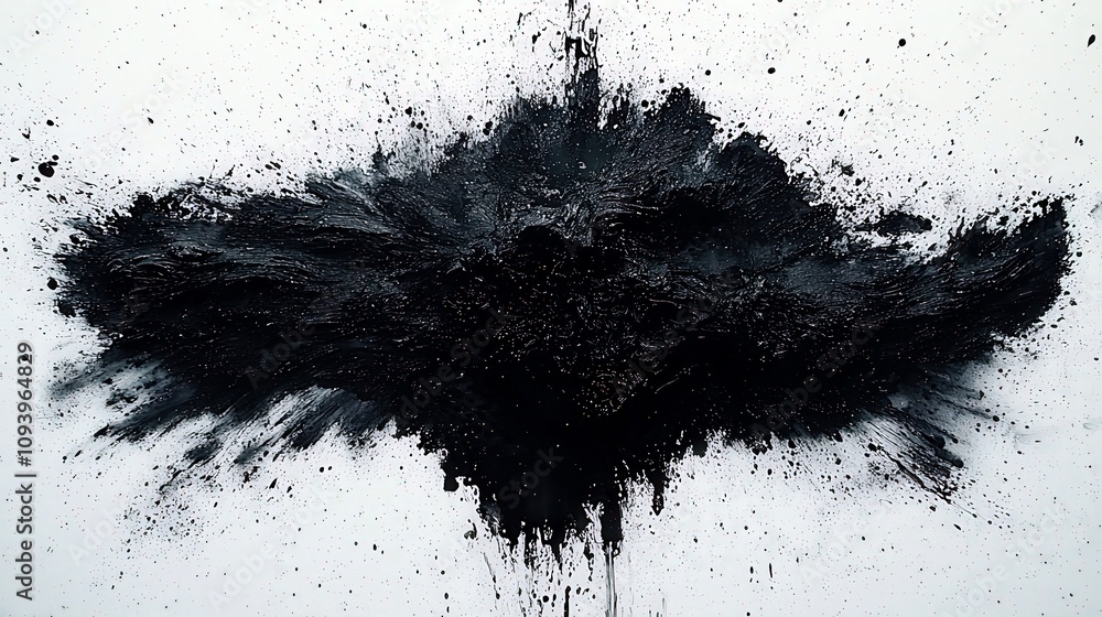 Poster abstract design of a black paint splatter creating a striking contrast against a white background, e