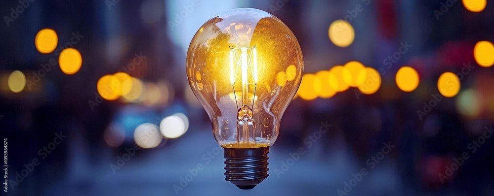 Poster captivating close-up of a glowing light bulb in urban setting with blurred city lights in the backgr