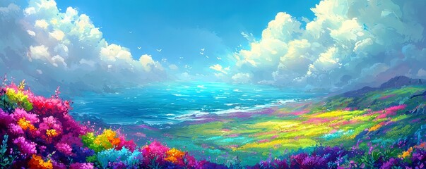 Vibrant Landscape with Colorful Flowers, Lush Green Hills, and Serene Ocean Under a Bright Sky with Fluffy Clouds on a Sunny Day