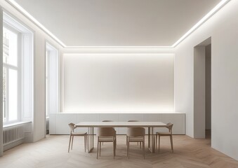 Minimalist dining room interior with white walls, hardwood floors, and a large window.