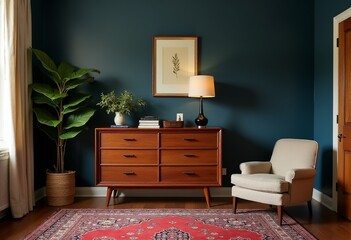 Chic Mid-Century Modern Chest of Drawers Crafted from Walnut, Set Against Dark Blue Walls with a Persian Rug and Cozy Armchair for an Inviting Living Space
