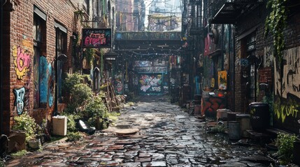 Fototapeta premium A vibrant, overgrown alleyway adorned with graffiti and urban art.