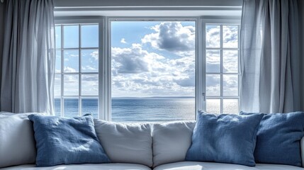 Fototapeta premium Coastal view from a sunlit room with a couch and pillows.