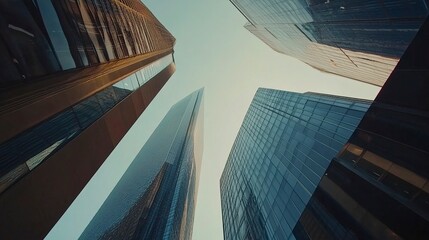 bottom up view of city skyscrapers, business district glass towers frame.