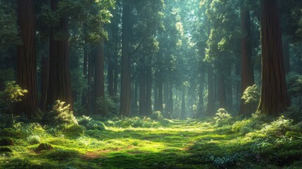 Obraz premium Lush forest scene with sunlight filtering through tall trees, creating a serene atmosphere.