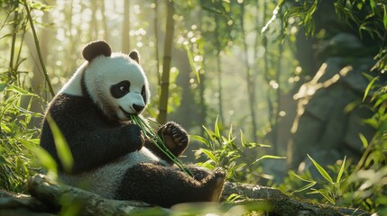 Obraz premium Panda eating bamboo in lush forest wildlife photography nature scene serene environment close-up perspective
