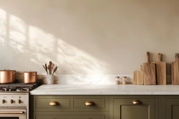 A minimalist kitchen countertop with a white marble surface, a copper pot, and wooden cutting boards. The wall is a soft beige color and sunbeams are streaming in from the window.