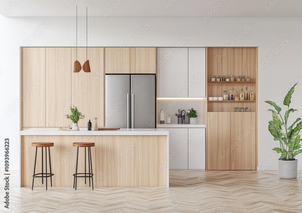 Wall mural Modern kitchen interior with white cabinets, wooden counter, and two bar stools.