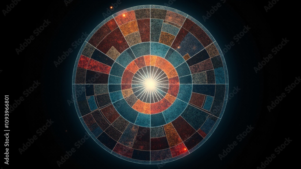 Poster a striking circular abstract design featuring segmented colors and textured rings, illuminated by a 
