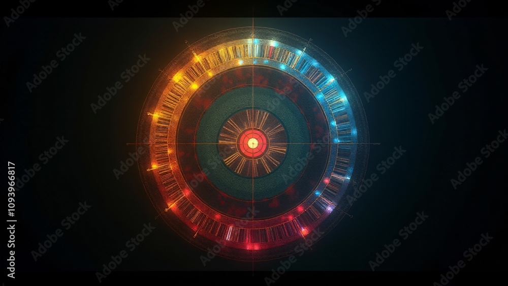 Aufkleber a striking circular abstract design featuring segmented colors and textured rings, illuminated by a 