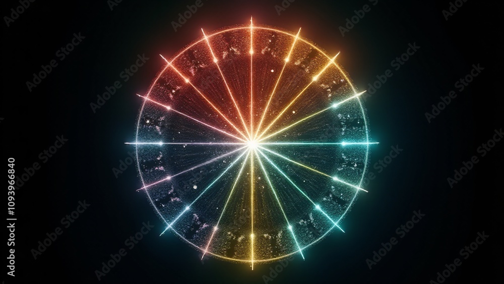 Poster a striking circular abstract design featuring segmented colors and textured rings, illuminated by a 