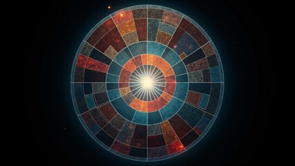 A striking circular abstract design featuring segmented colors and textured rings, illuminated by a glowing light in the center, symbolizing energy, focus, and innovation.