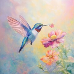 Hummingbird feeding on colorful flower in natural garden vibrant art close-up view nature's beauty