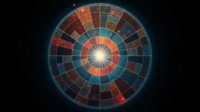 A striking circular abstract design featuring segmented colors and textured rings, illuminated by a glowing light in the center, symbolizing energy, focus, and innovation.