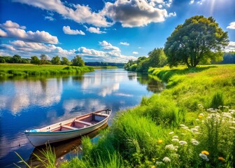 Fototapeta premium PVC Boat Resting on the River Bank on a Sunny Summer Day, Ideal for Nature and Outdoor Enthusiasts, with Lush Greenery and Clear Blue Sky in the Background