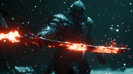 Armored warrior wielding a flaming sword in a dark fantasy setting video game. ai generated image. Flaming Sword Duel. Illustration