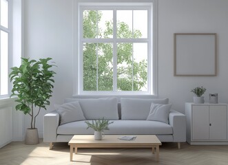 A modern living room with a white sofa, a coffee table, and a plant in a pot. 