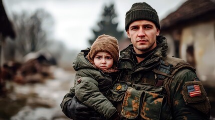 Fototapeta premium Soldier Holding Child in a War-Torn Landscape, Evoking Themes of Protection, Sacrifice, and Resilience Amidst Conflict and Uncertainty in a Rural Setting