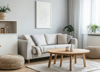 Minimalist living room interior with a white sofa, a wooden coffee table, a rug and a large window.