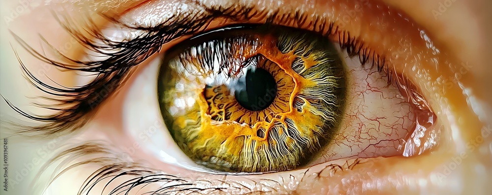 Poster close-up of a stunning human eye capturing intricate patterns and mesmerizing colors with deep fiery