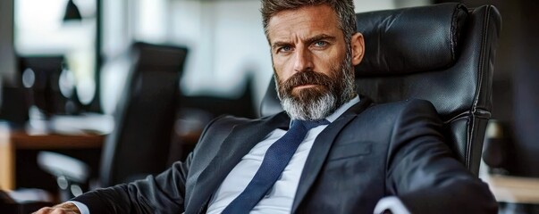 Obraz premium Professional businessman in a stylish suit seated confidently in an office chair, reflecting success and leadership in a modern corporate environment.