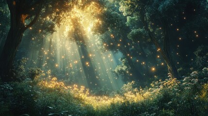 Fototapeta premium A serene forest scene illuminated by sunlight and glowing particles, evoking a magical atmosphere.