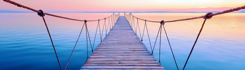 Fototapeta premium Tranquil Wooden Pier Extending Over Calm Waters at Sunrise with Soft Pastel Colors Lighting the Serene Landscape and Inviting Reflection Moments
