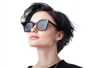 stylish woman wearing sunglasses with short hair against a white background