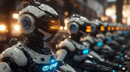 Fototapeta premium A line of futuristic robots in a factory setting, with glowing lights and a futuristic aesthetic.