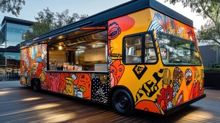 A vibrant food truck featuring colorful street art, ready to serve delicious meals.