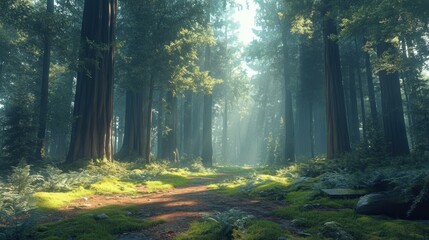 Fototapeta premium A serene forest scene with sunlight filtering through tall trees and lush greenery.