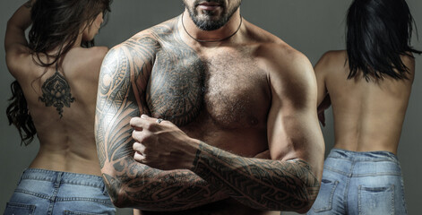 Polyamory and polygamy. Threesome of man and two sexy woman. Romantic relationships of Threesome. A group of sexy models. Fashion people. Love and romance. Polygamy, swingers. Friends sexy.