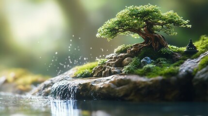 Fototapeta premium Tranquil Bonsai Oasis: A Serene Waterfall and Ancient Tree