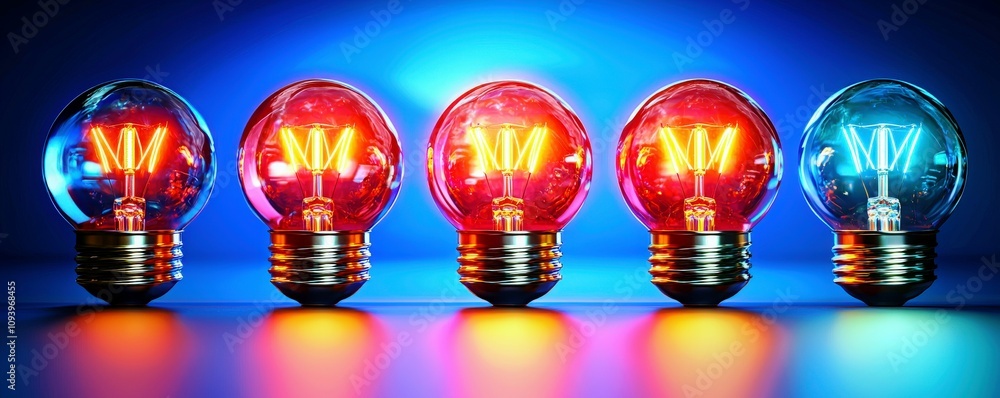 Poster colorful vintage light bulbs arranged in a row with glowing filaments on a vibrant blue and red back