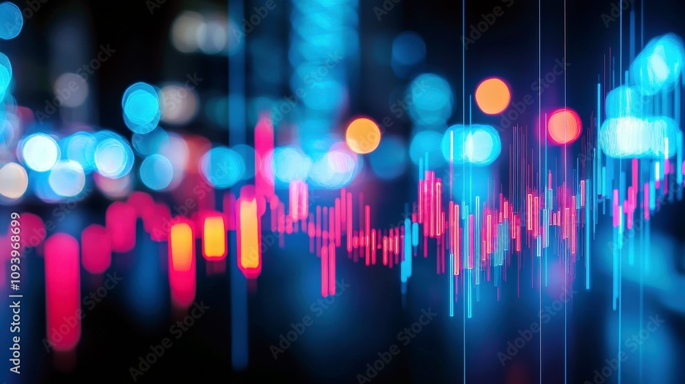 Poster abstract digital visualization of data with colorful light bokeh background for technology, finance,