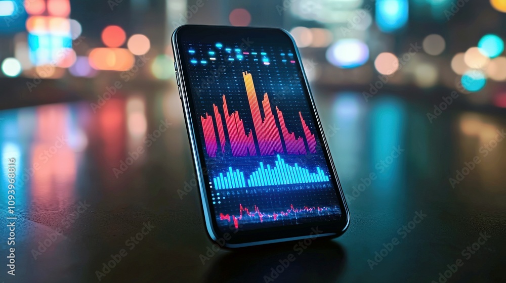 Poster vibrant smartphone display showcasing colorful data visualization against a soft focus background of