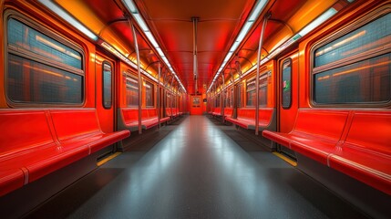 A vibrant, empty subway train interior with bright orange seats and walls.