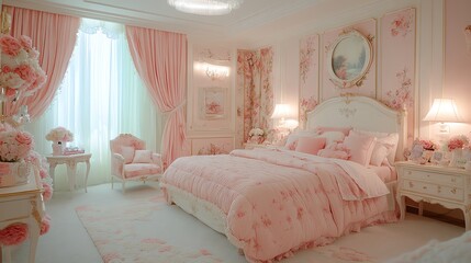 A luxurious pink bedroom with floral wallpaper, a large bed with pink bedding and pillows, and a matching armchair.