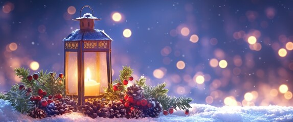 A Christmas lantern with a burning candle, surrounded by pine cones and holly berries on snow, set against a snowy background, glowing bokeh lights, ideal for Christmas cards, New Year banners