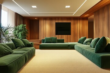 A spacious living room with a large green sofa and wood paneling.