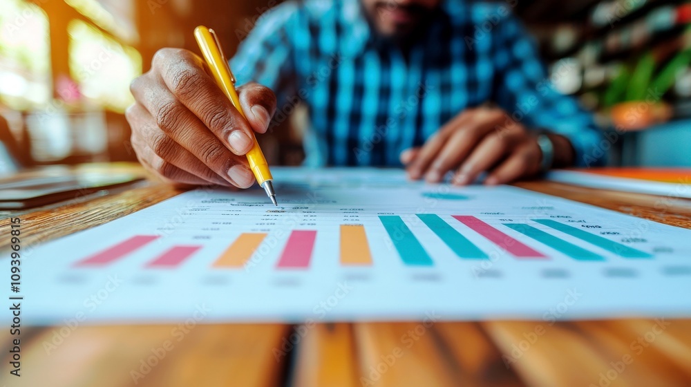 Poster business professional analyzing colorful graphs and charts while working in a modern office environm