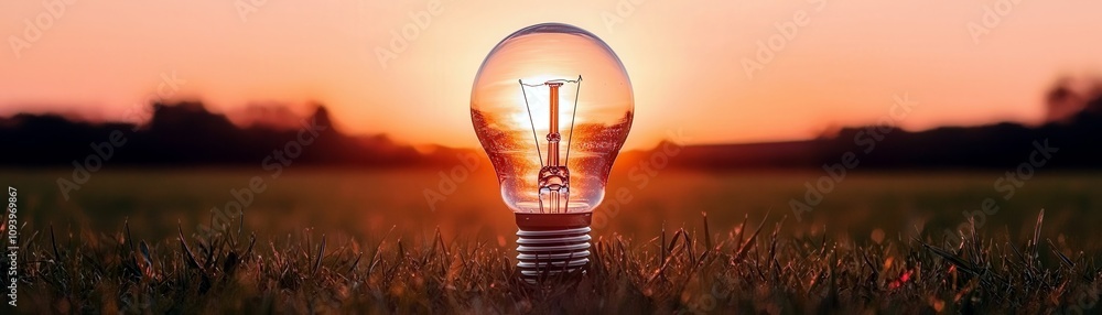 Poster sunrise glow illuminating a light bulb in a natural setting with a lush green field and warm colors 