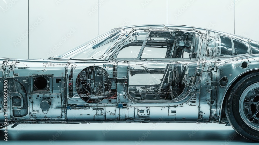 Poster a transparent car model showcasing its intricate internal components and engineering design.