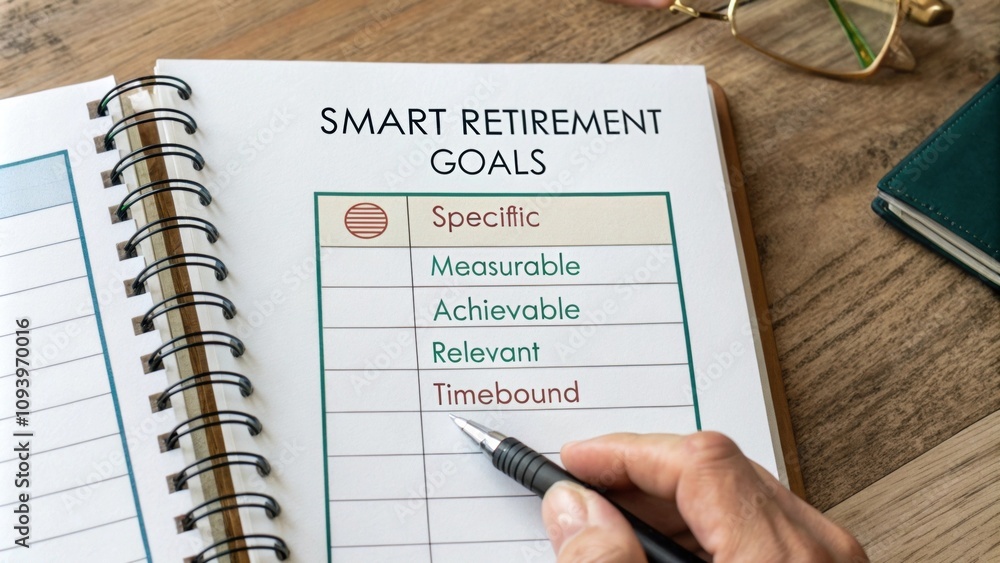 Poster a closeup of a goalsetting worksheet titled smart retirement goals with sections for specific measur