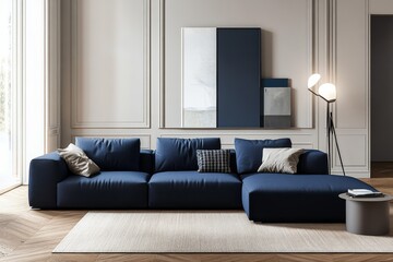 A spacious living room with a blue sectional sofa, white walls, and a large window. The floor is made of hardwood and there is a rug in front of the sofa. A floor lamp stands next to the sofa.