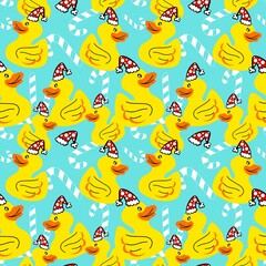 Cartoon wallpaper background yellow duck wearing a festival hat New Year Christmas bright and comfortable happy colorful alternating with hearts seamless hand-painted children's and men's cl