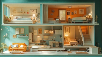 A detailed miniature dollhouse showcasing various rooms and cozy interiors.